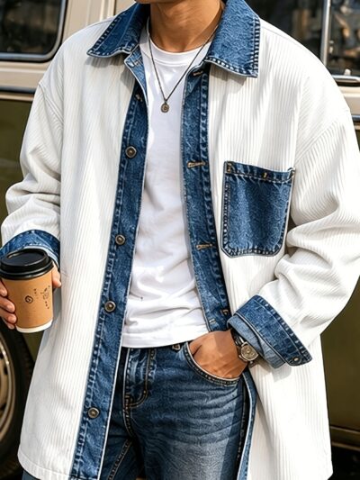 Men’s American Retro Patchwork Denim Overshirt