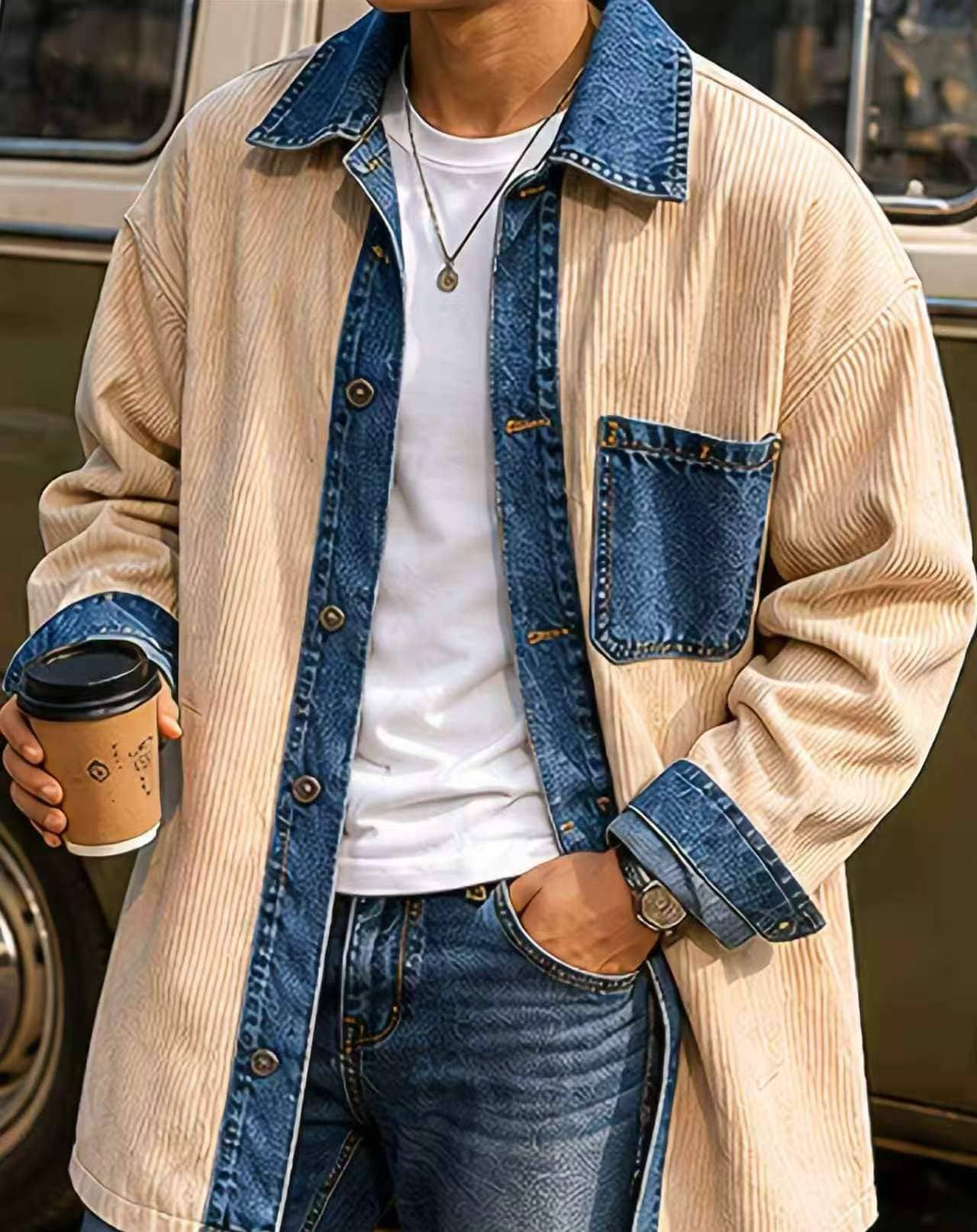 Beldor Denim Men’s American Retro Patchwork Denim Overshirt 4