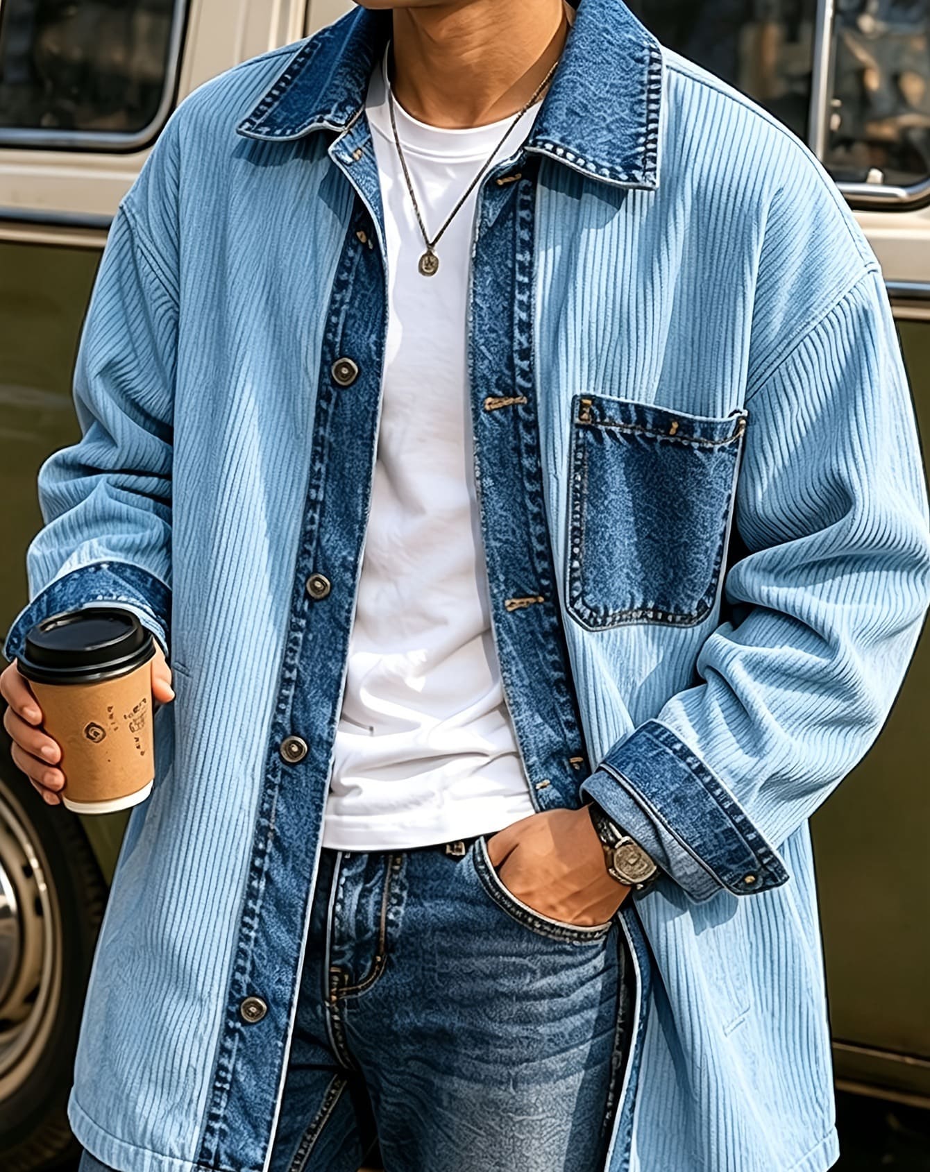 Beldor Denim Men’s American Retro Patchwork Denim Overshirt 5